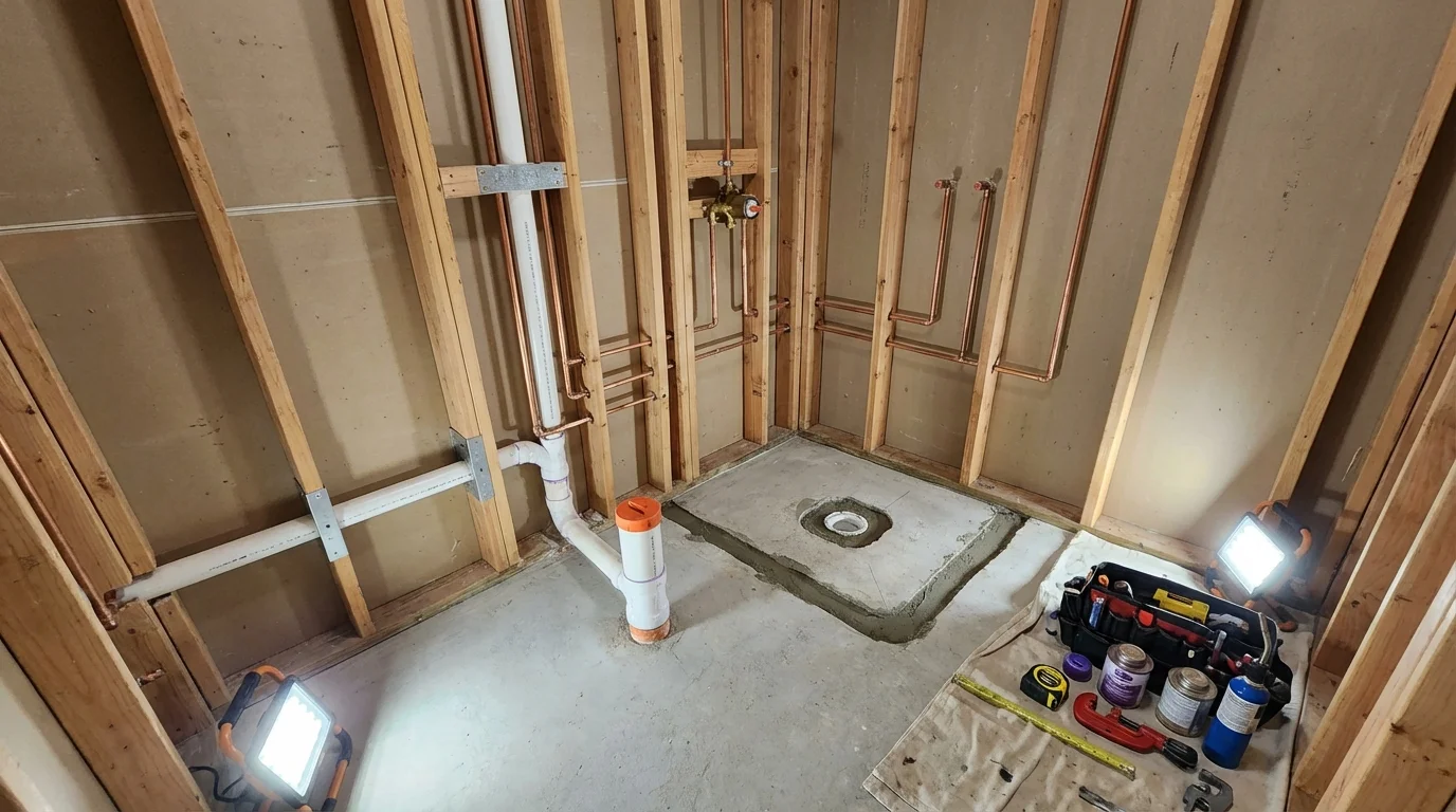 Bathroom rough-in plumbing during remodel by Johns Plumbing LLC in Belle Vernon