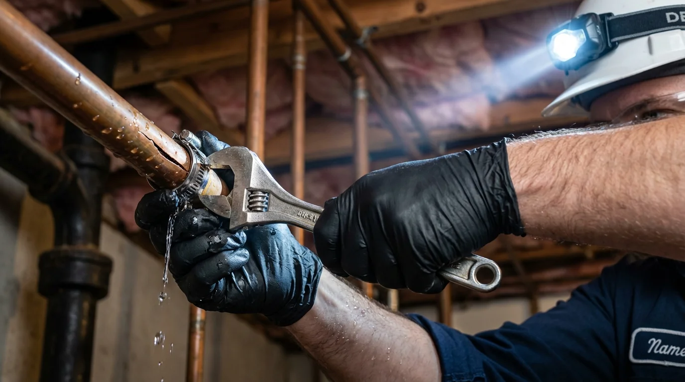 Emergency pipe clamp repair being performed by a Johns Plumbing LLC plumber in Belle Vernon