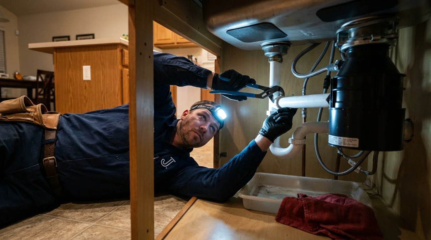 P-trap and supply line connections under a kitchen sink showing a common leak point in Belle Vernon, PA